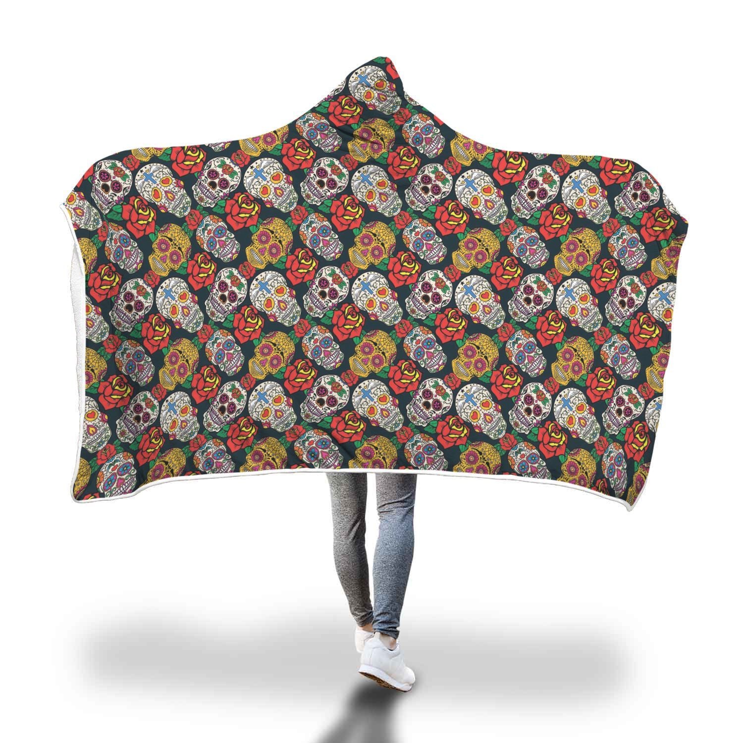 Rose Sugar Skull Skeleton Girly Floral Pattern Print Hooded Blanket-grizzshop