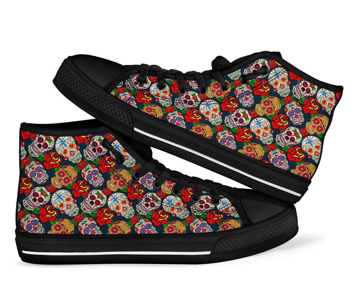 Rose Sugar Skull Skeleton Girly Floral Pattern Print Men Women's High Top Shoes-grizzshop