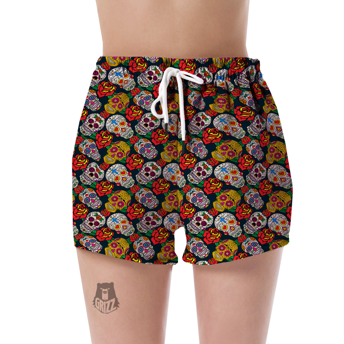 Rose Sugar Skull Skeleton Girly Floral Pattern Print Women's Shorts-grizzshop