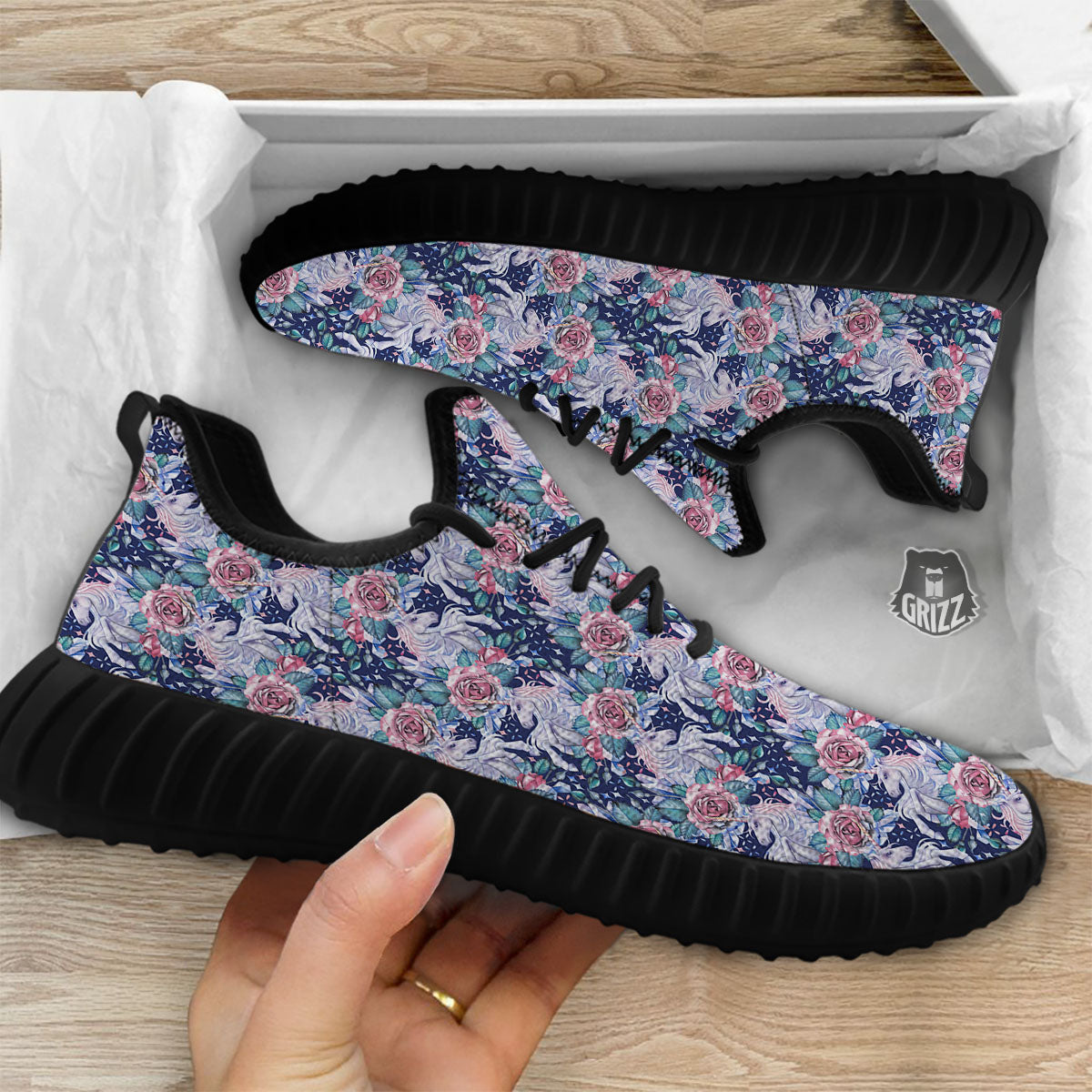Rose Unicorn Blue Fairy Print Pattern Black Walking Shoes-grizzshop