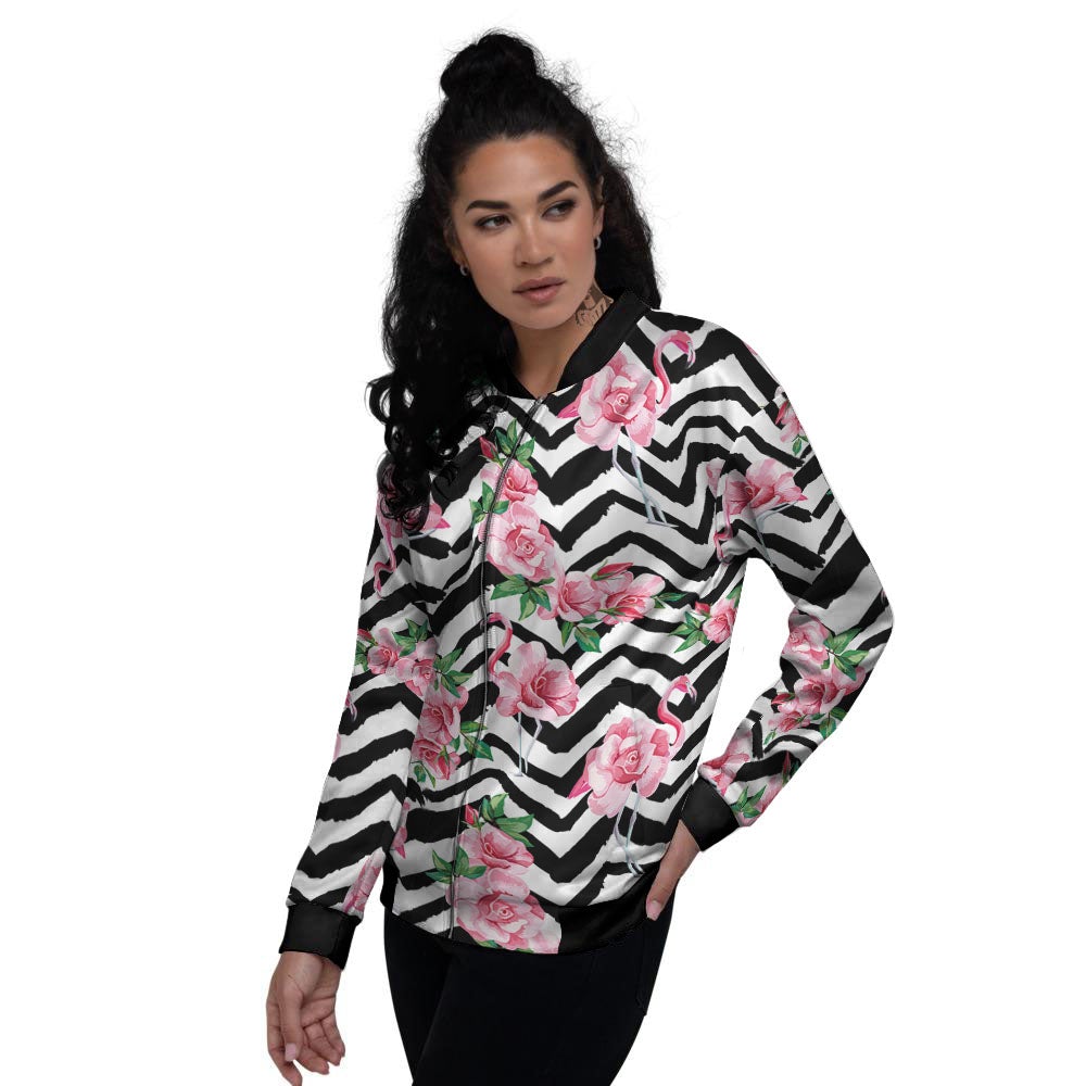 Rose Zigzag Pink Print Pattern Women's Bomber Jacket-grizzshop
