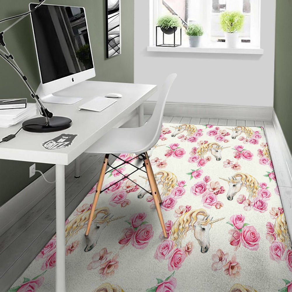 Rose Fairy White Unicorn Print Pattern Floor Mat-grizzshop