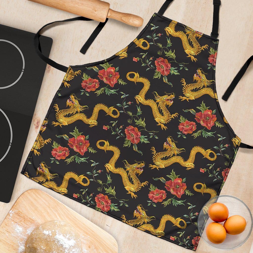 Rose Floral Golden Dragon Print Women's Apron-grizzshop