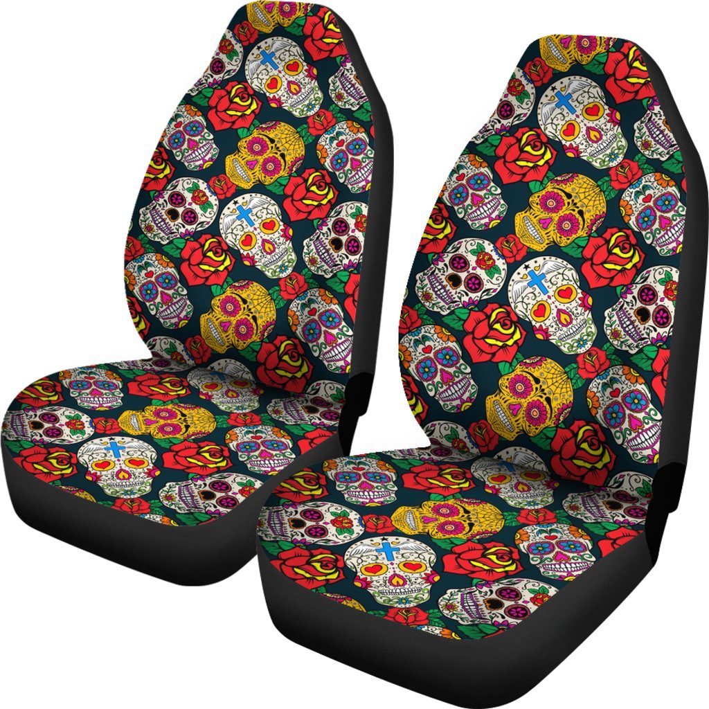 Rose Sugar Skull Skeleton Girly Floral Pattern Print Universal Fit Car Seat Cover-grizzshop
