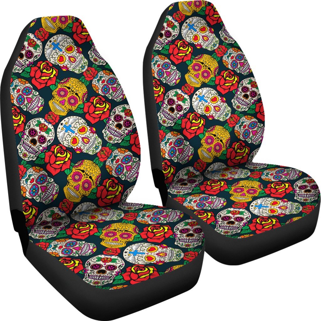 Rose Sugar Skull Skeleton Girly Floral Pattern Print Universal Fit Car Seat Cover-grizzshop