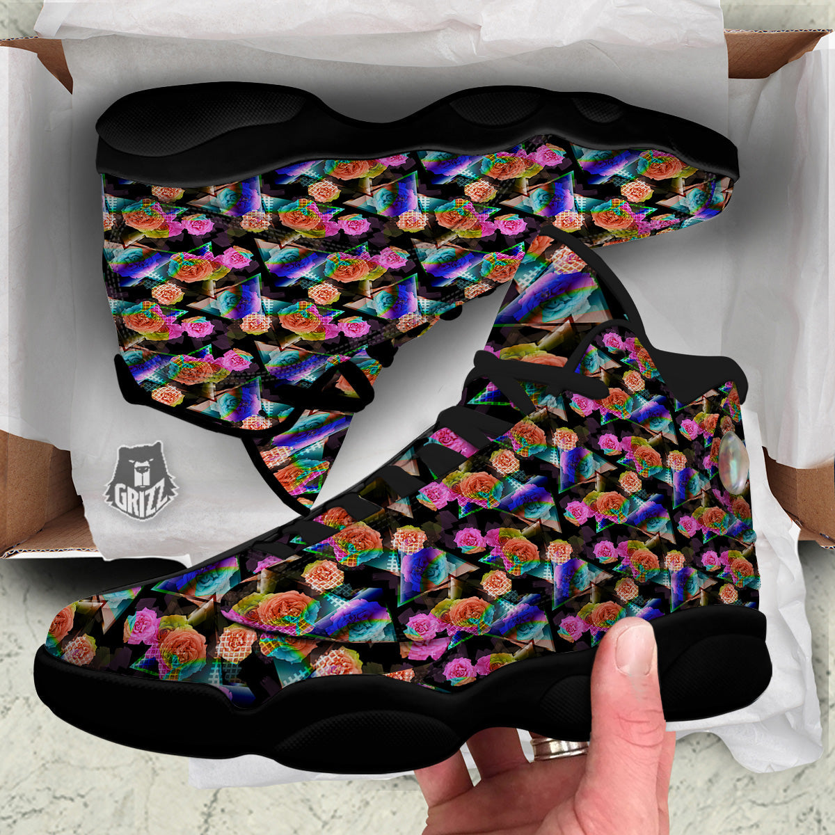 Roses Colorful Gradient Triangle Print Pattern Black Basketball Shoes-grizzshop