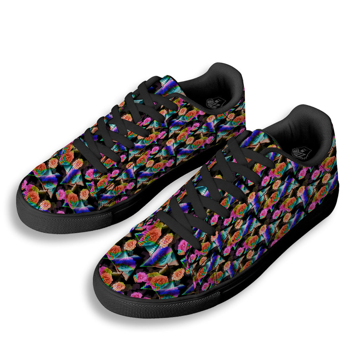 Roses Colorful Gradient Triangle Print Pattern Black Low Top Sneakers-grizzshop