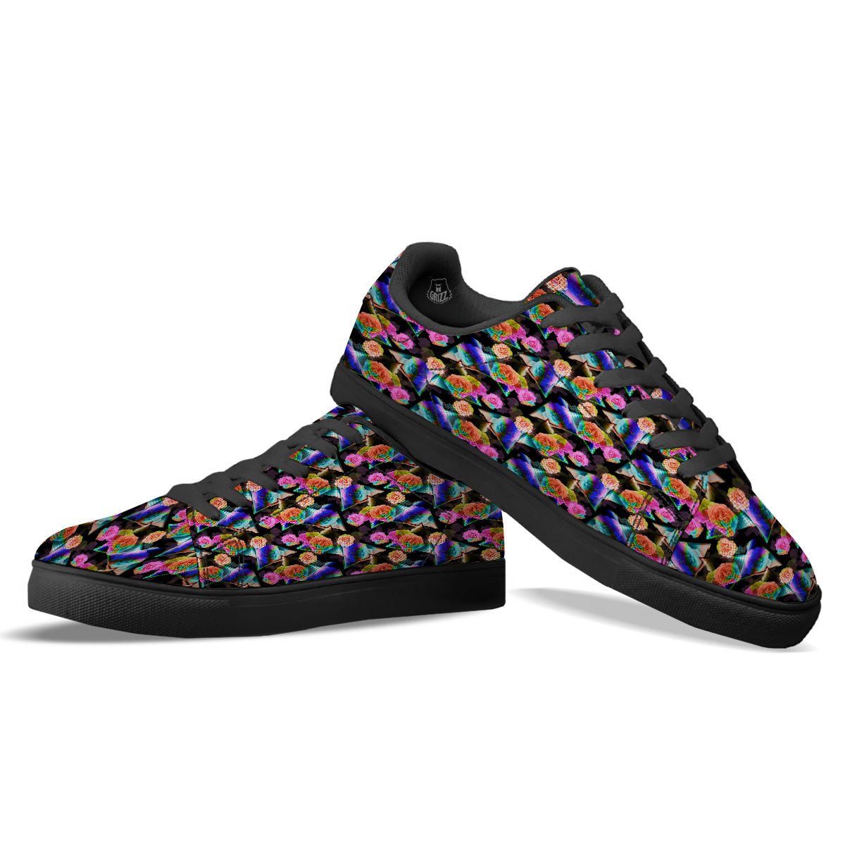 Roses Colorful Gradient Triangle Print Pattern Black Low Top Sneakers-grizzshop