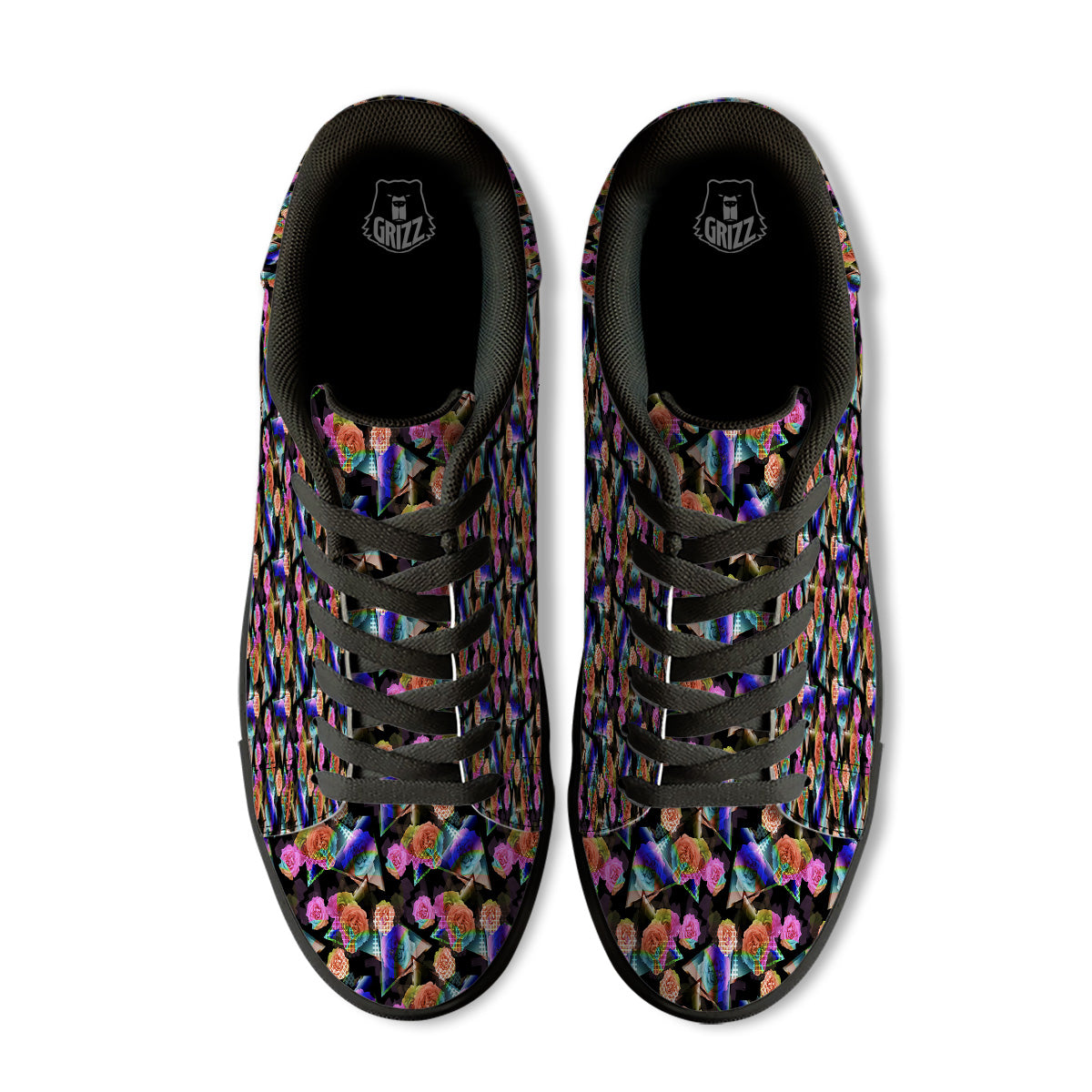 Roses Colorful Gradient Triangle Print Pattern Black Low Top Sneakers-grizzshop