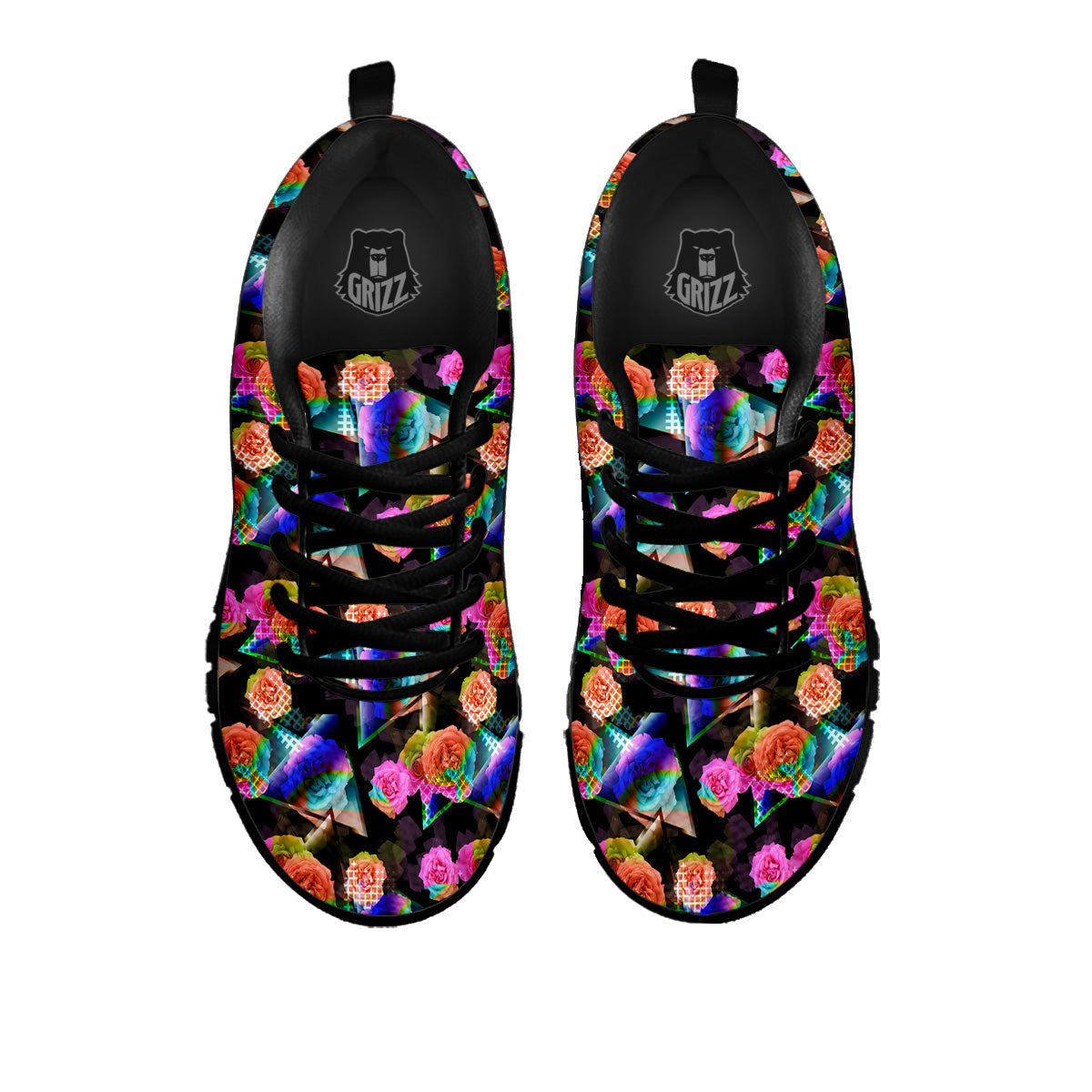 Roses Colorful Gradient Triangle Print Pattern Black Sneaker-grizzshop