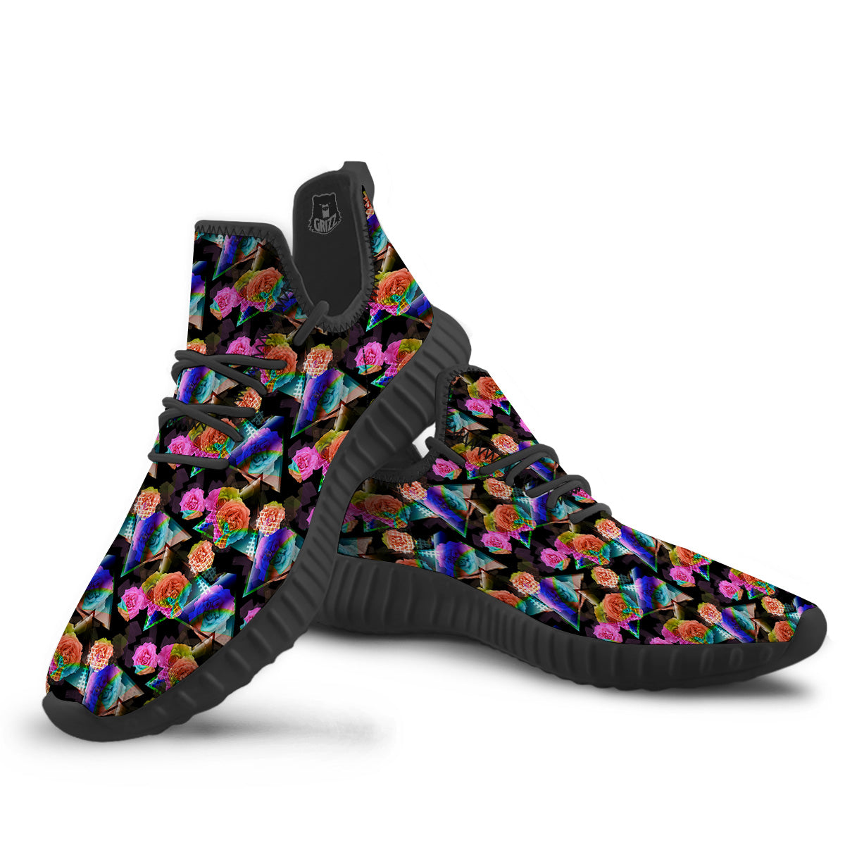 Roses Colorful Gradient Triangle Print Pattern Black Walking Shoes-grizzshop