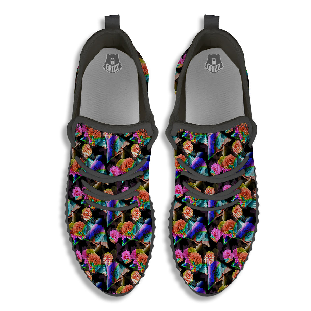 Roses Colorful Gradient Triangle Print Pattern Black Walking Shoes-grizzshop