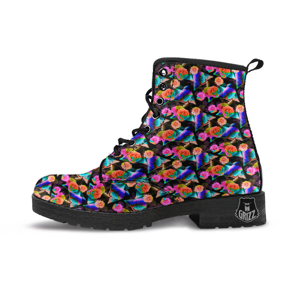 Roses Colorful Gradient Triangle Print Pattern Leather Boots-grizzshop