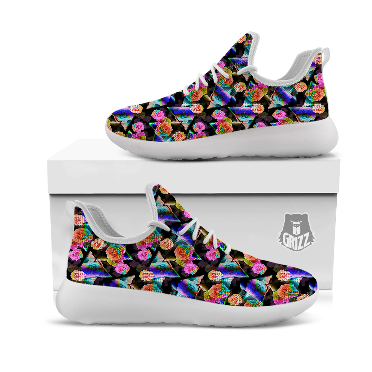 Roses Colorful Gradient Triangle Print Pattern White Athletic Shoes-grizzshop