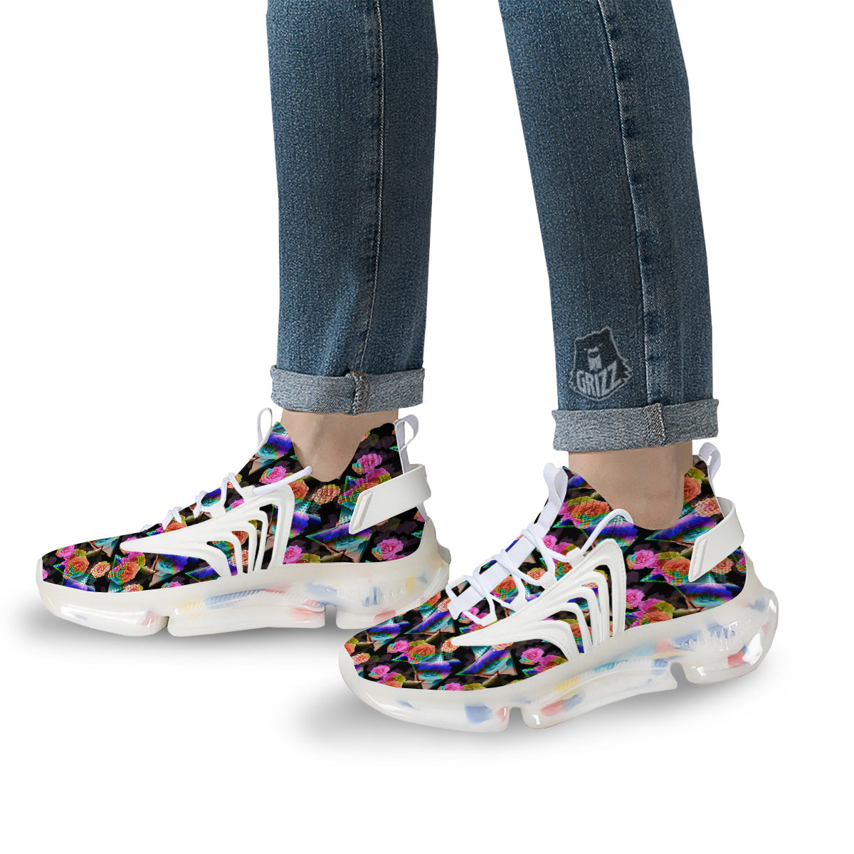 Roses Colorful Gradient Triangle Print Pattern White Gym Shoes-grizzshop