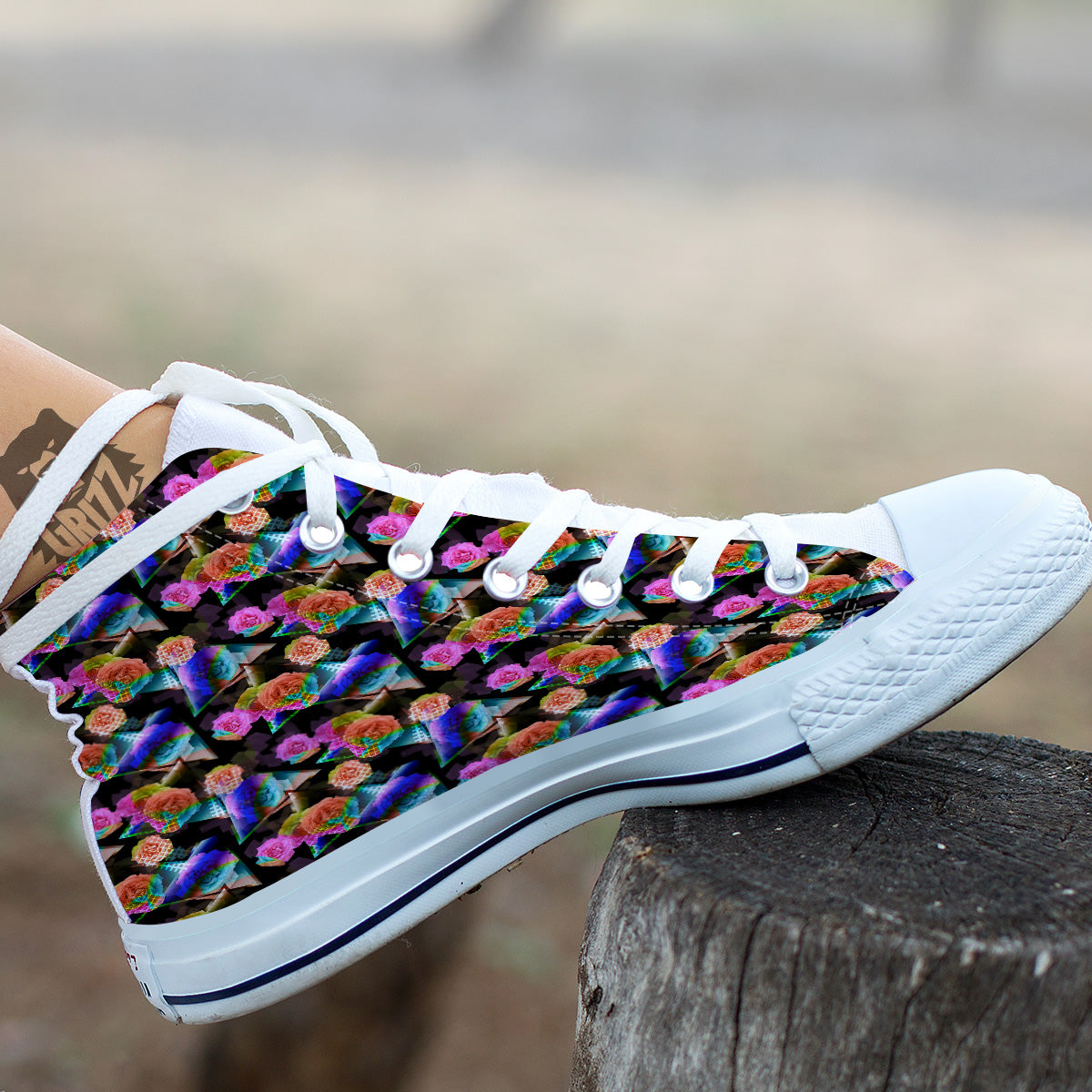 Roses Colorful Gradient Triangle Print Pattern White High Top Shoes-grizzshop
