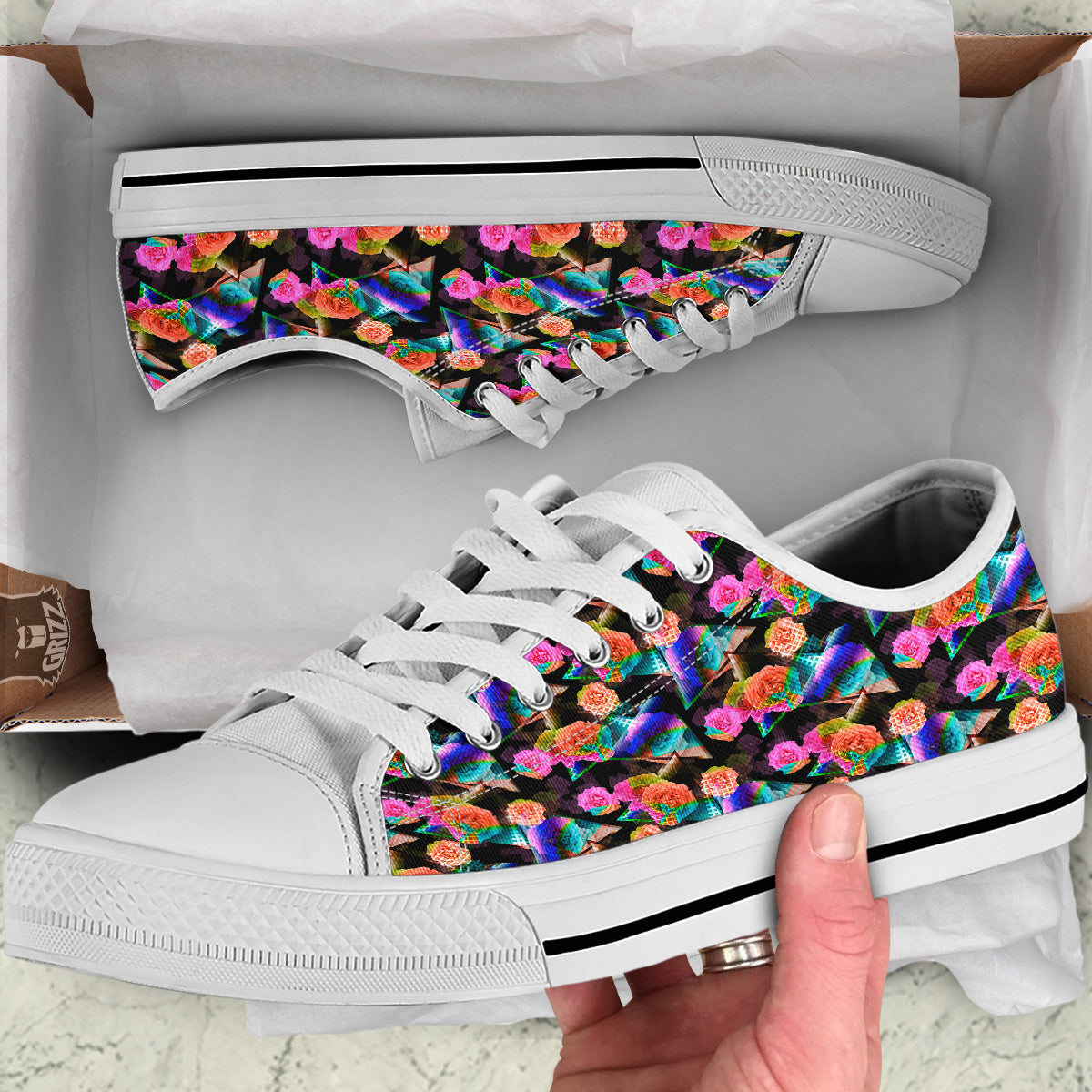 Roses Colorful Gradient Triangle Print Pattern White Low Top Shoes-grizzshop