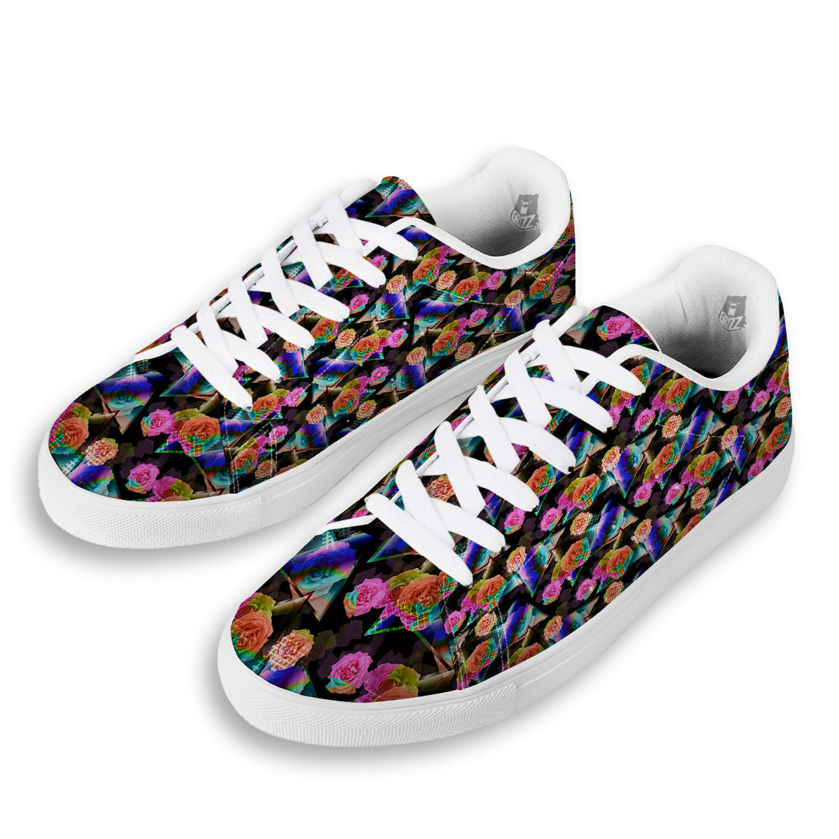 Roses Colorful Gradient Triangle Print Pattern White Low Top Sneakers-grizzshop