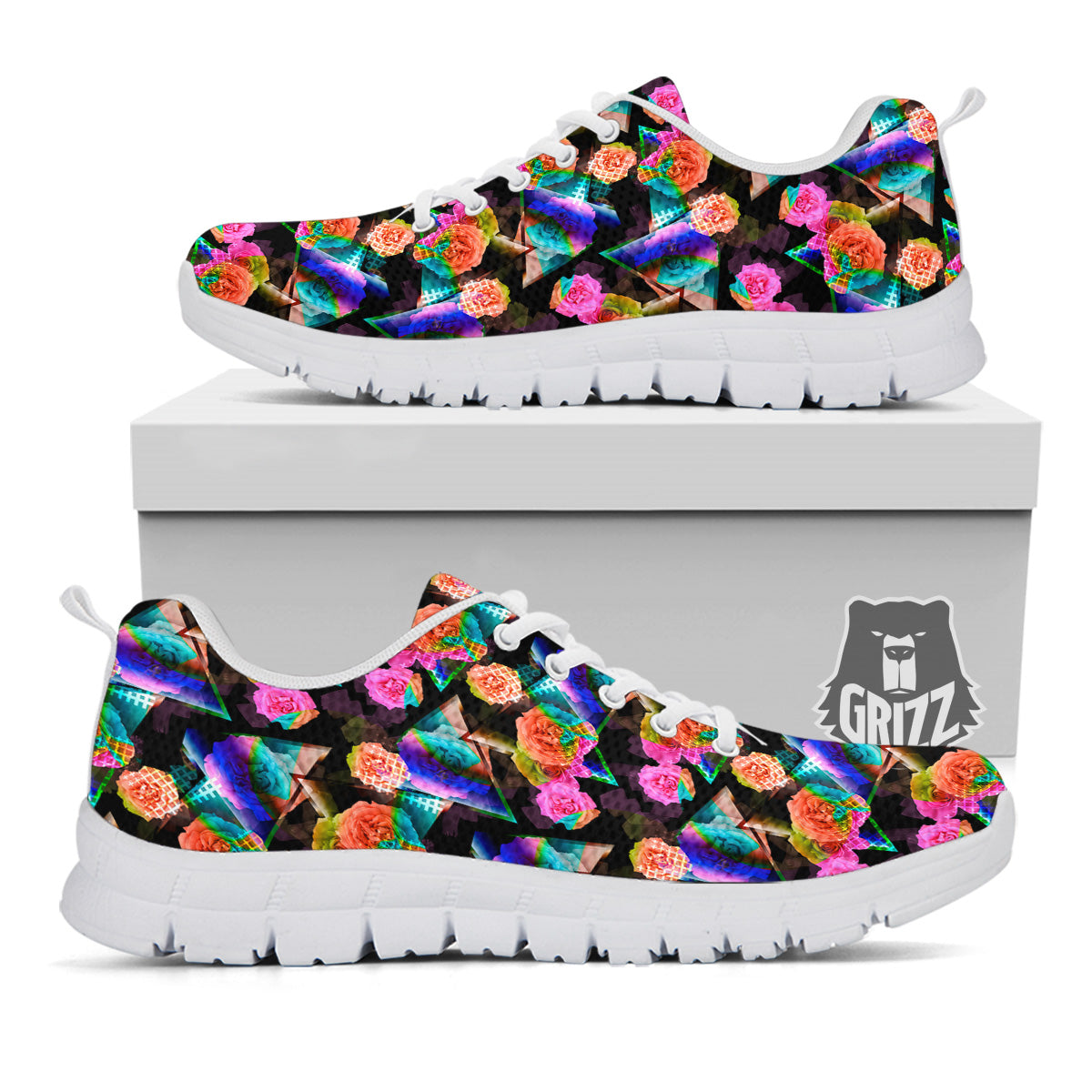Roses Colorful Gradient Triangle Print Pattern White Sneaker-grizzshop
