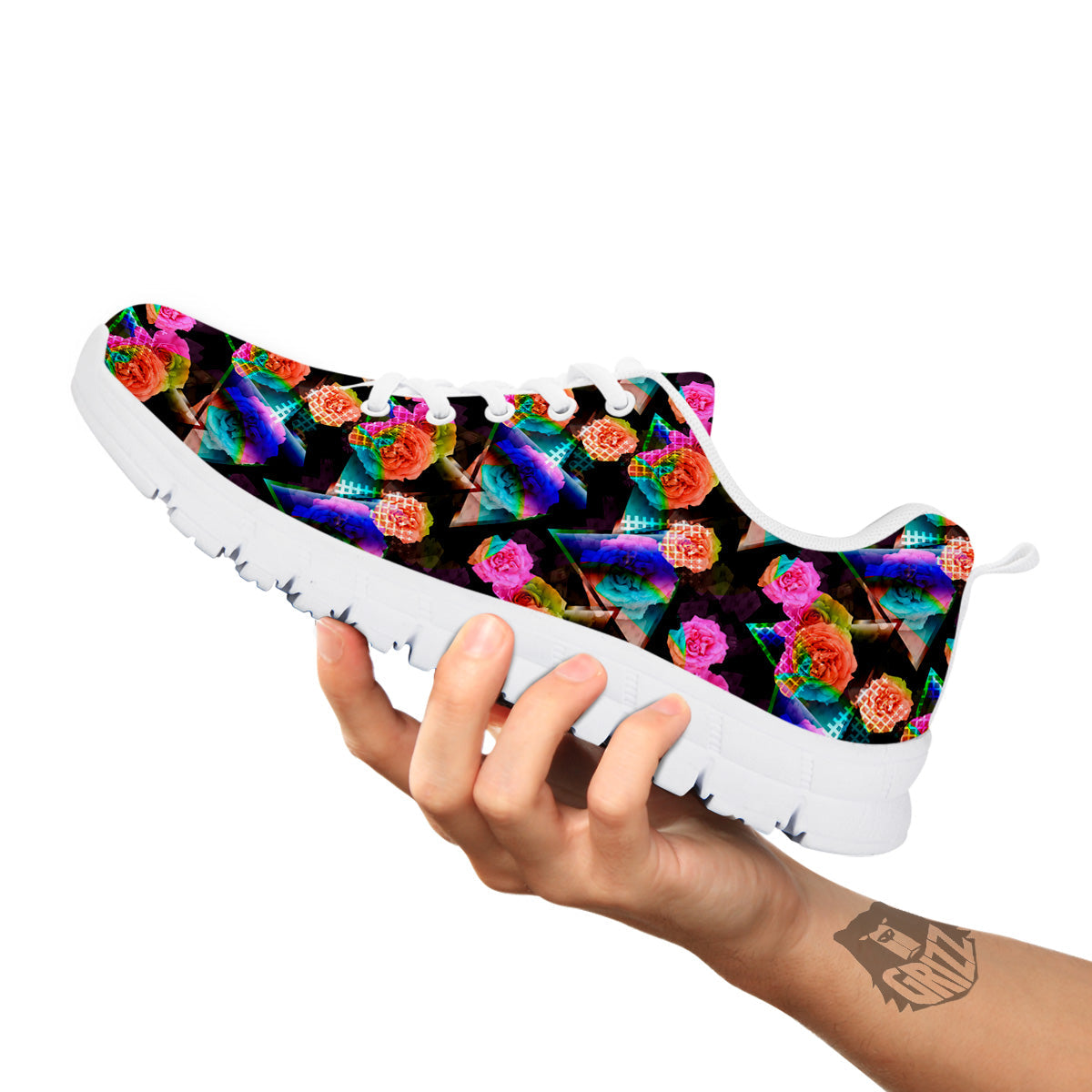 Roses Colorful Gradient Triangle Print Pattern White Sneaker-grizzshop
