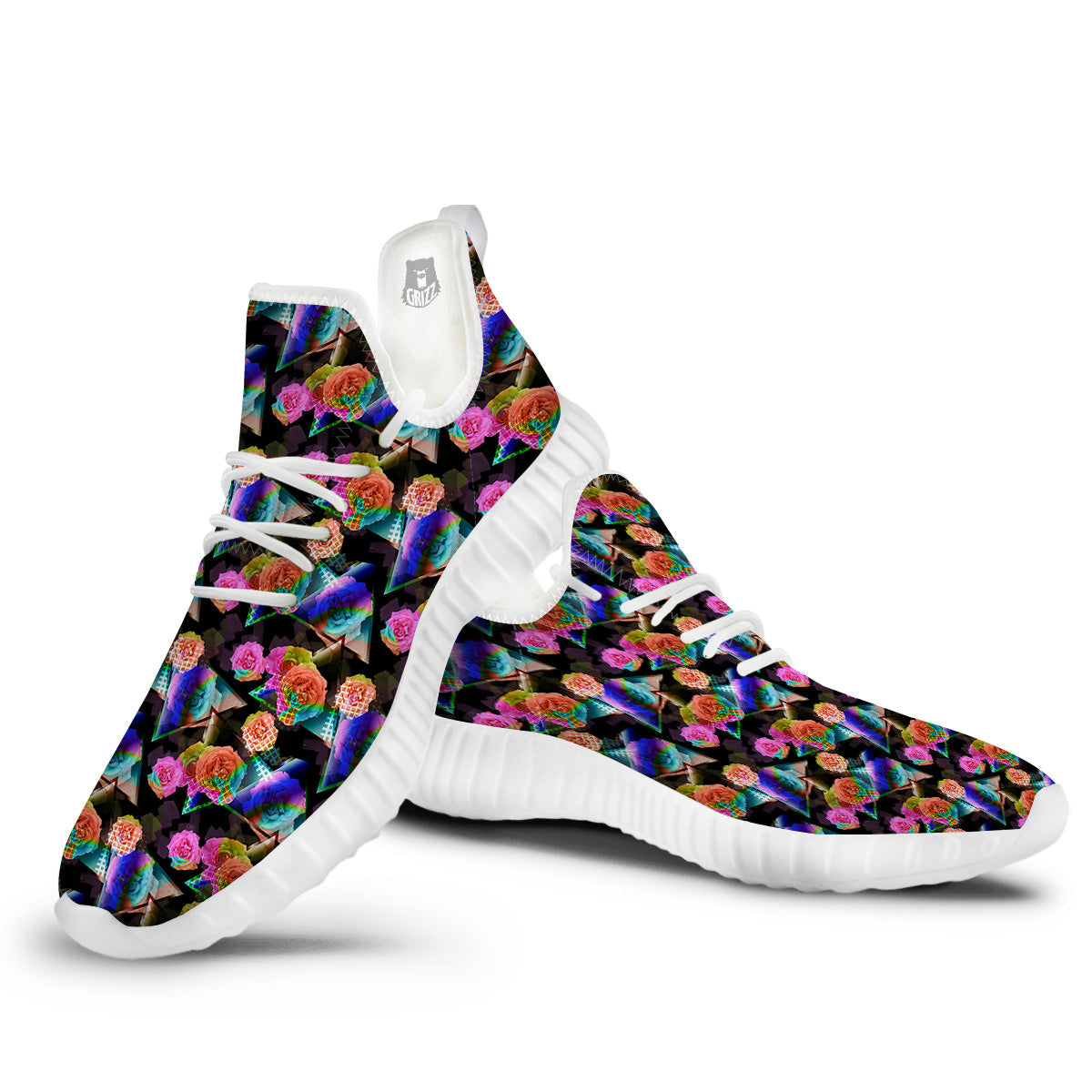 Roses Colorful Gradient Triangle Print Pattern White Walking Shoes-grizzshop