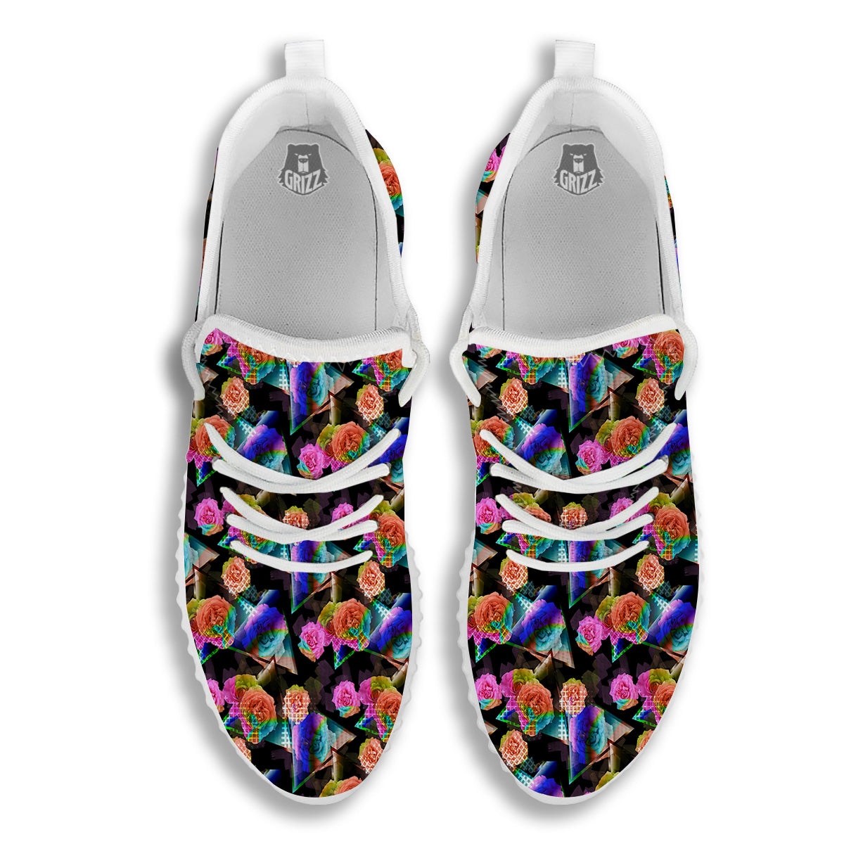 Roses Colorful Gradient Triangle Print Pattern White Walking Shoes-grizzshop