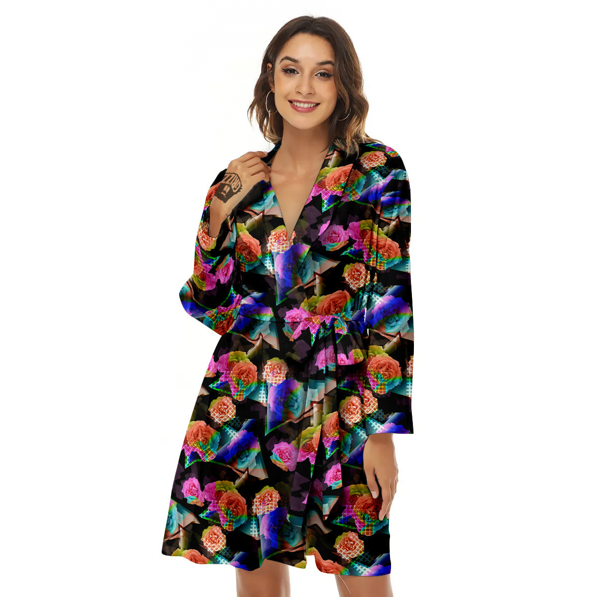 Roses Colorful Gradient Triangle Print Pattern Women's Robe-grizzshop