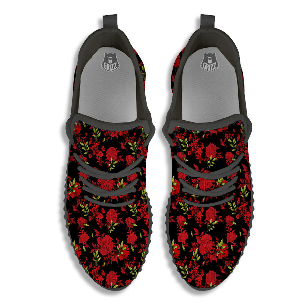 Roses Floral Red And Black Print Black Walking Shoes-grizzshop
