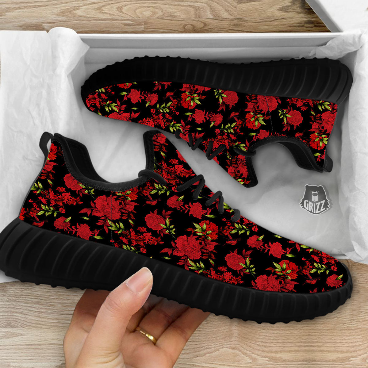 Roses Floral Red And Black Print Black Walking Shoes-grizzshop