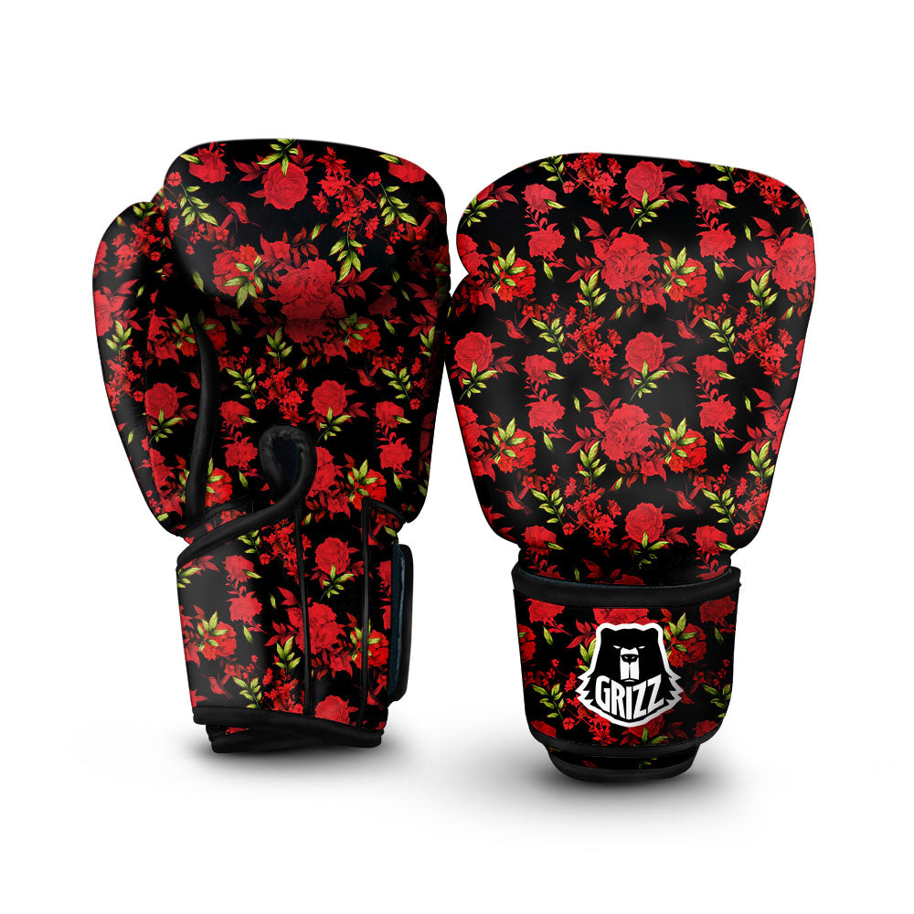 Roses Floral Red And Black Print Boxing Gloves-grizzshop