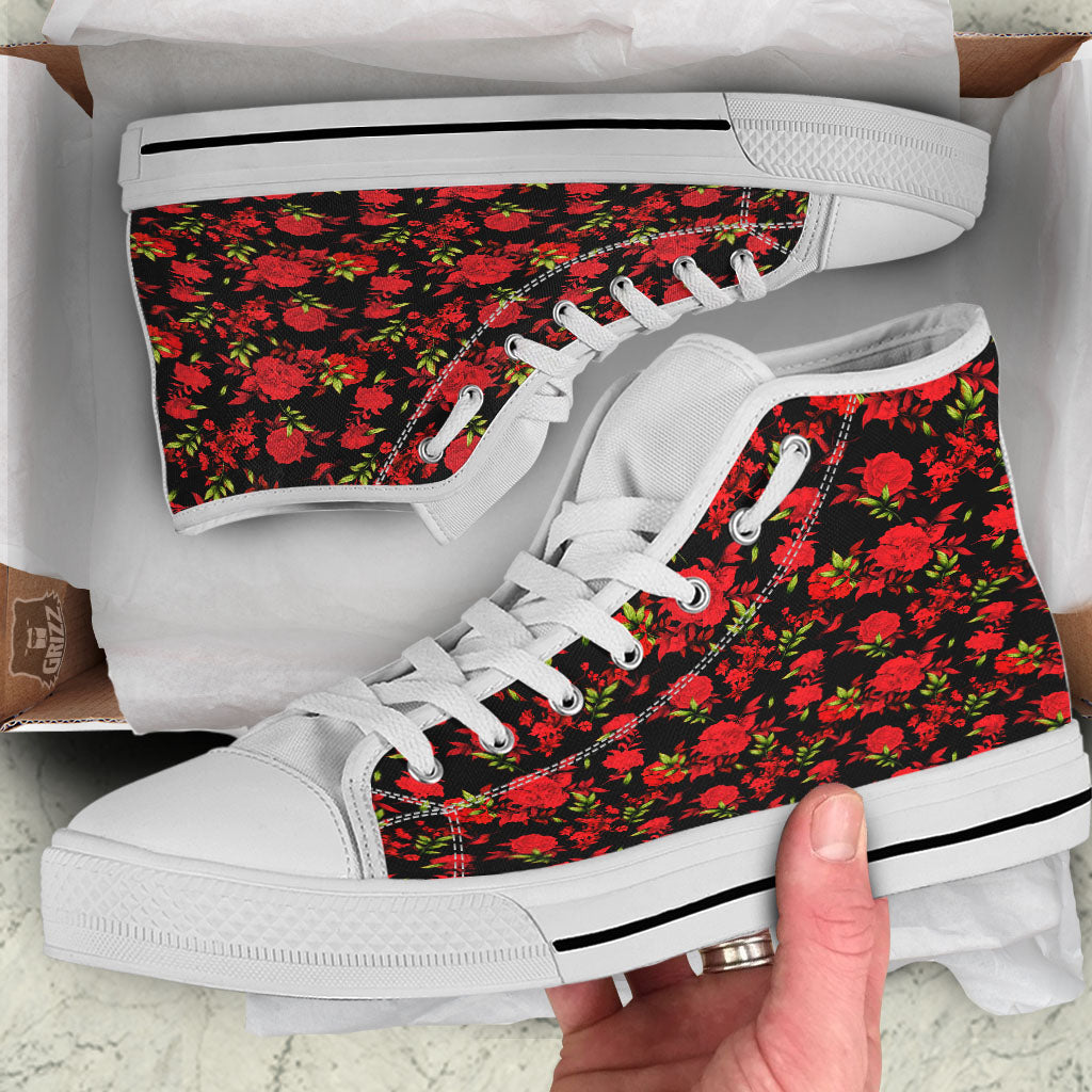 Roses Floral Red And Black Print White High Top Shoes-grizzshop