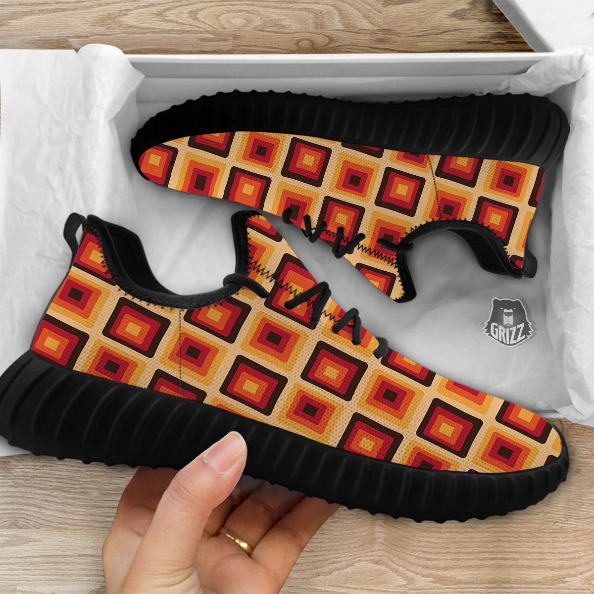 Rounded Square Retro Geometric Print Pattern Black Walking Shoes-grizzshop