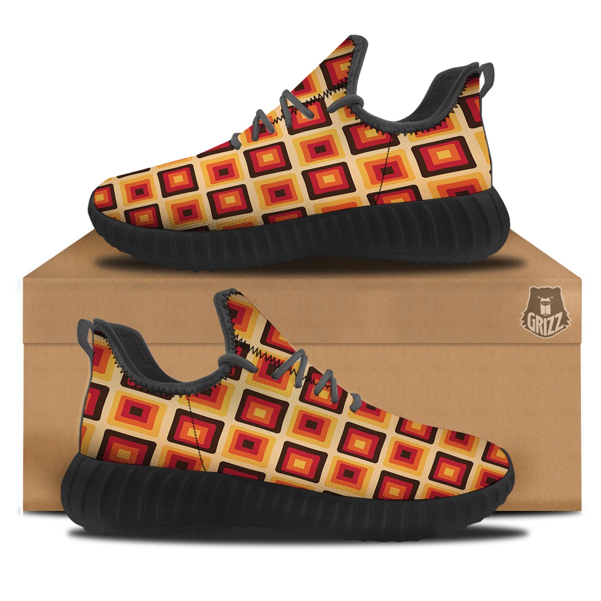 Rounded Square Retro Geometric Print Pattern Black Walking Shoes-grizzshop