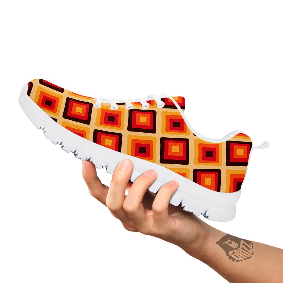 Rounded Square Retro Geometric Print Pattern White Sneaker-grizzshop