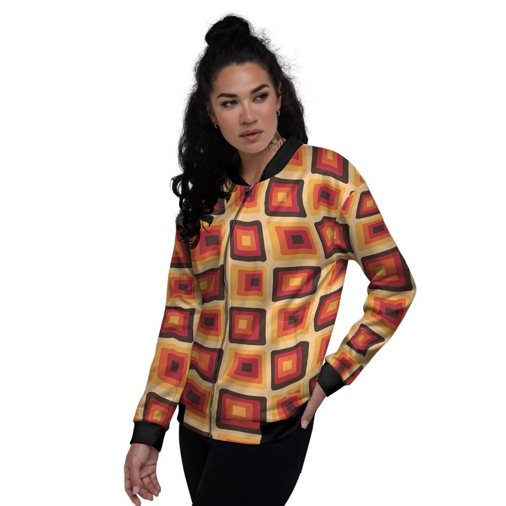Rounded Square Retro Geometric Print Pattern Women's Bomber Jacket-grizzshop