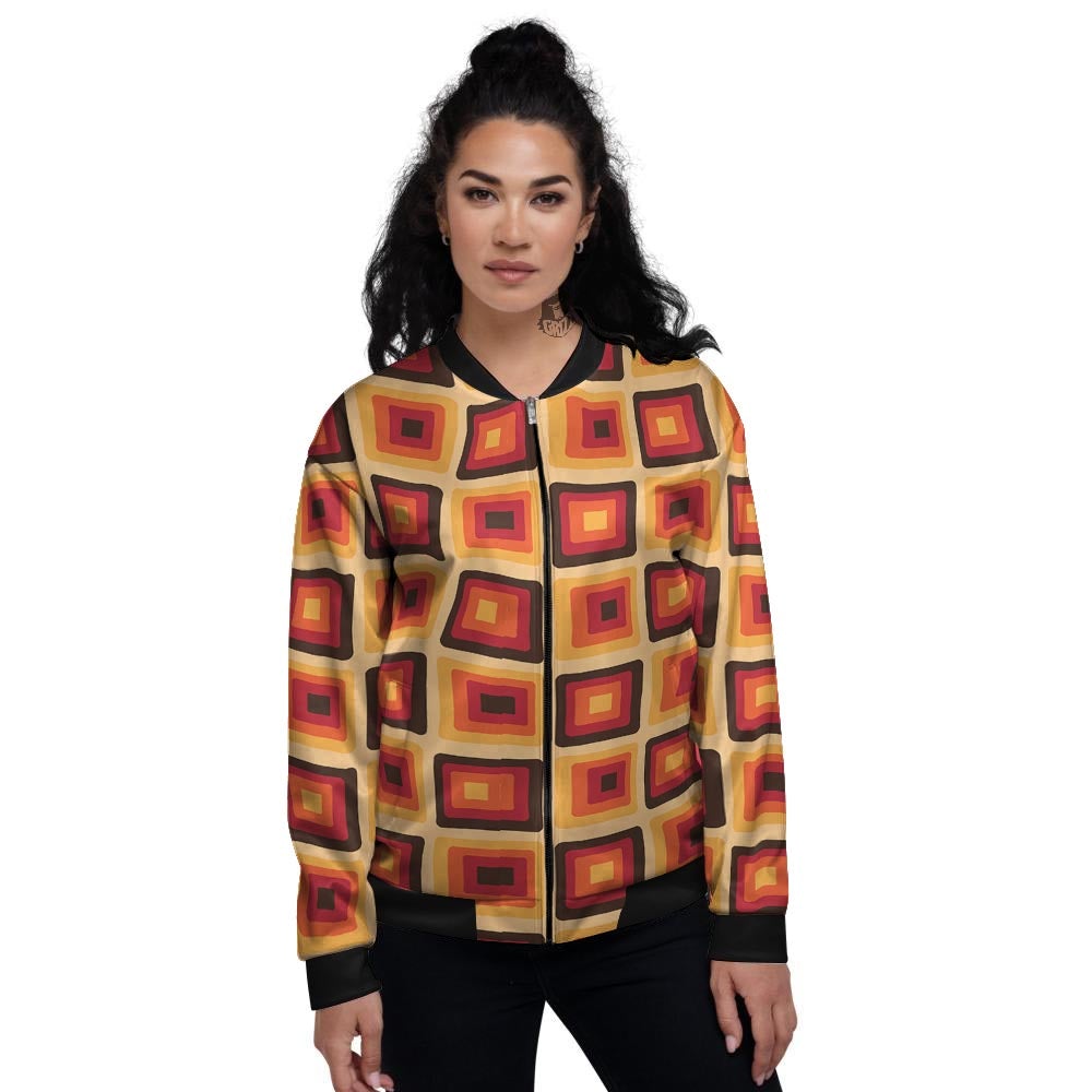 Rounded Square Retro Geometric Print Pattern Women's Bomber Jacket-grizzshop
