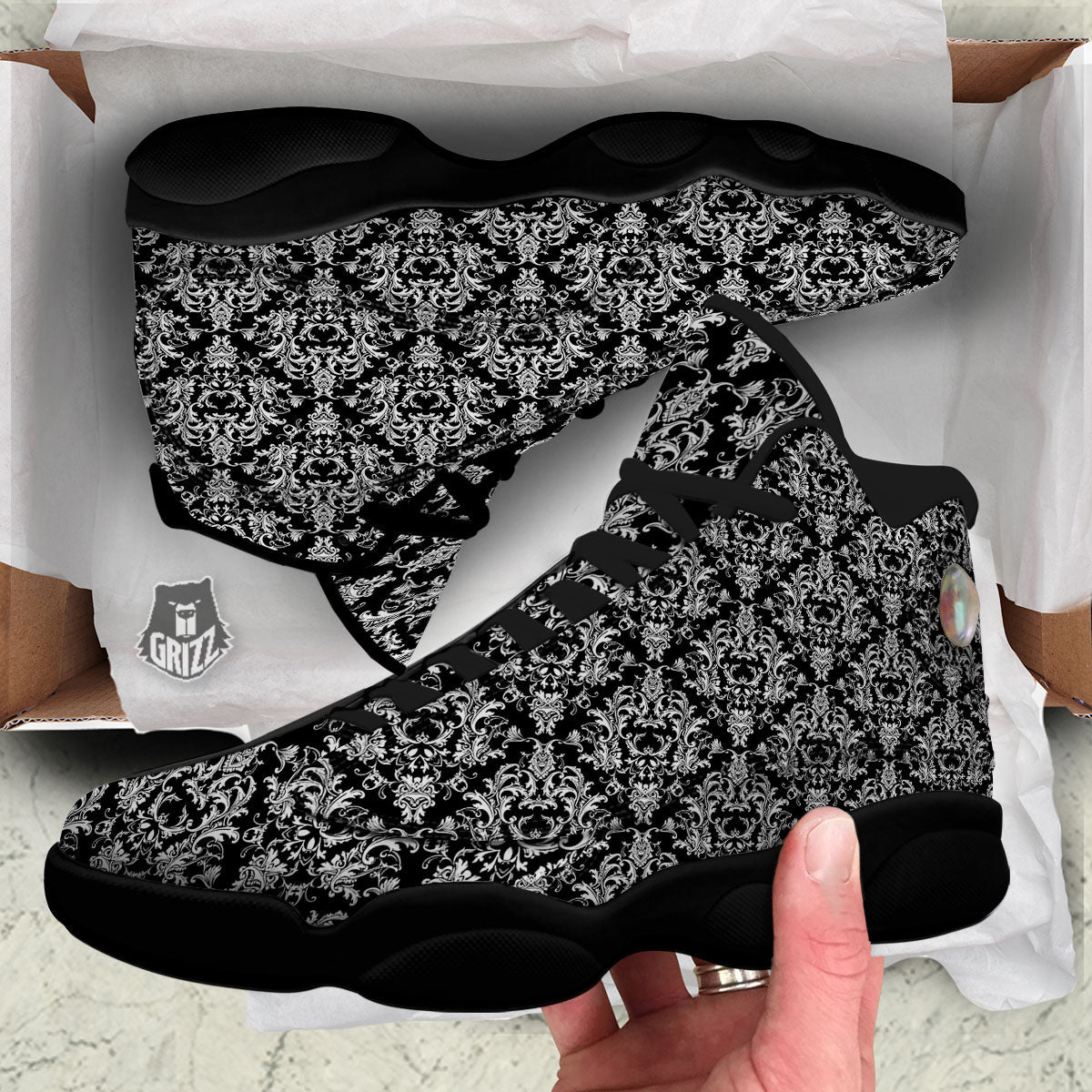 Royal Damask White And Black Print Pattern Black Basketball Shoes-grizzshop