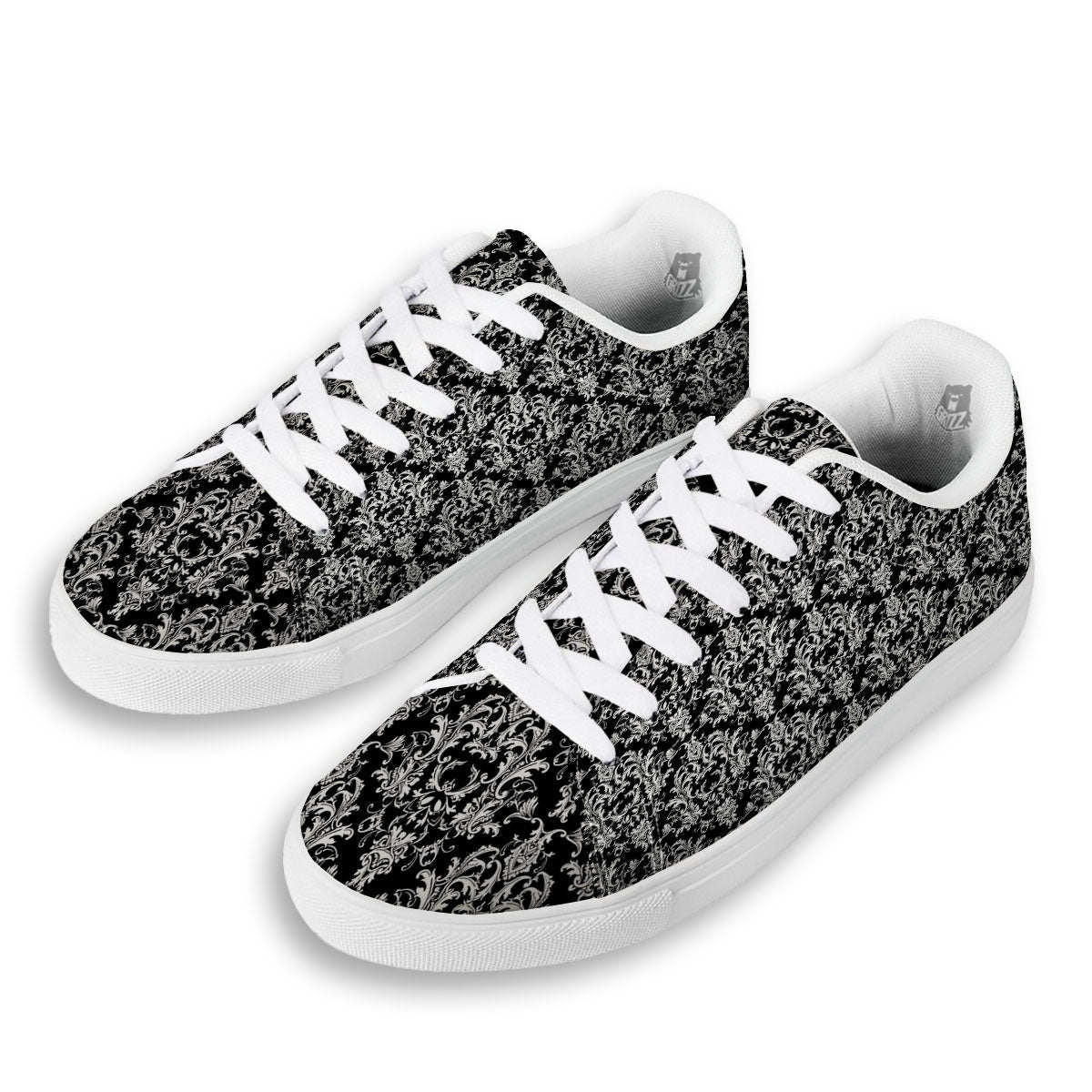 Royal Damask White And Black Print Pattern White Low Top Sneakers-grizzshop