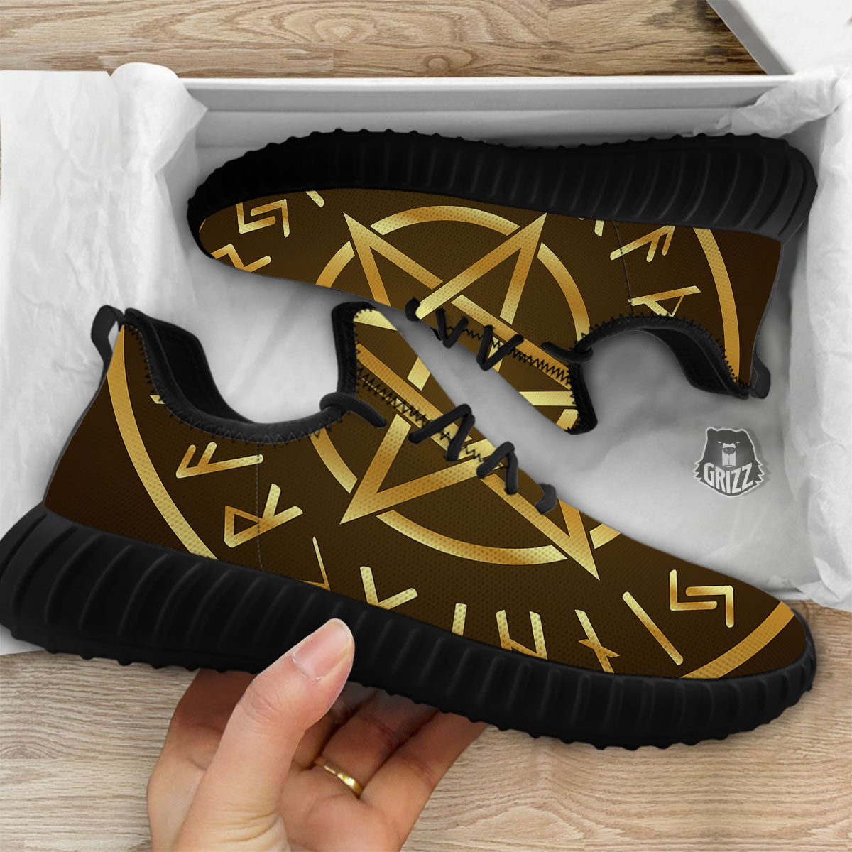 Runes Pentagram Viking Nordic Print Black Walking Shoes-grizzshop
