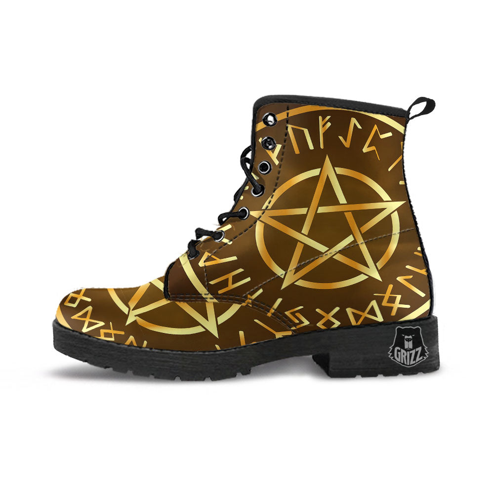 Runes Pentagram Viking Nordic Print Leather Boots-grizzshop
