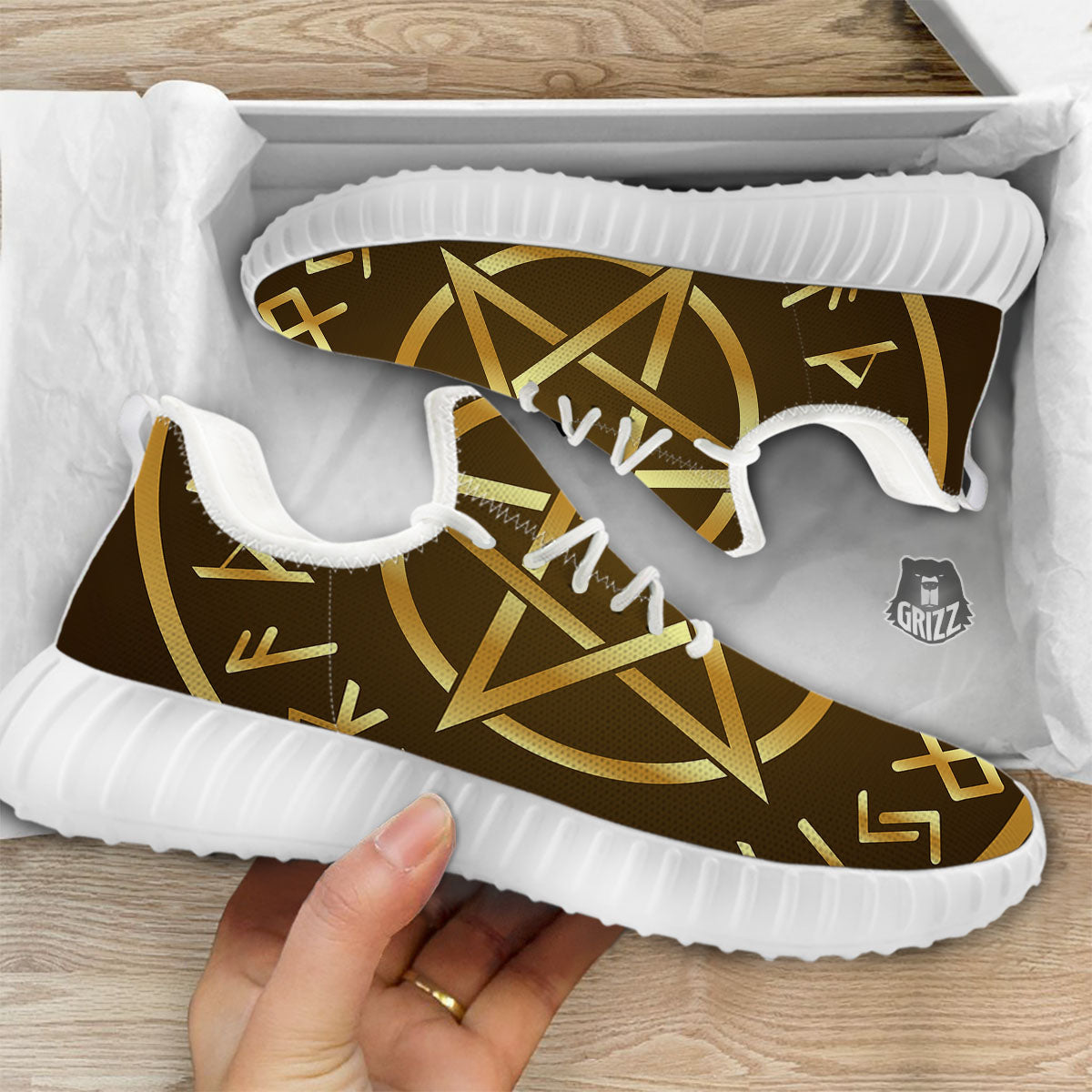 Runes Pentagram Viking Nordic Print White Walking Shoes-grizzshop