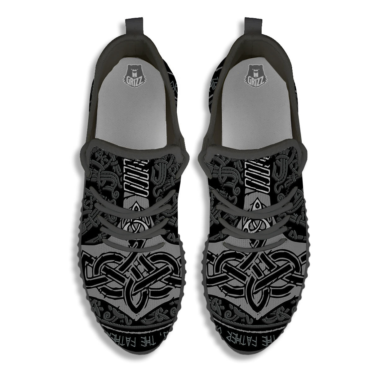 Runes Scandinavian And Mjolnir Print Black Walking Shoes-grizzshop