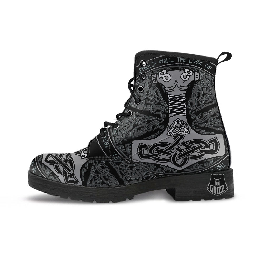 Runes Scandinavian And Mjolnir Print Leather Boots-grizzshop