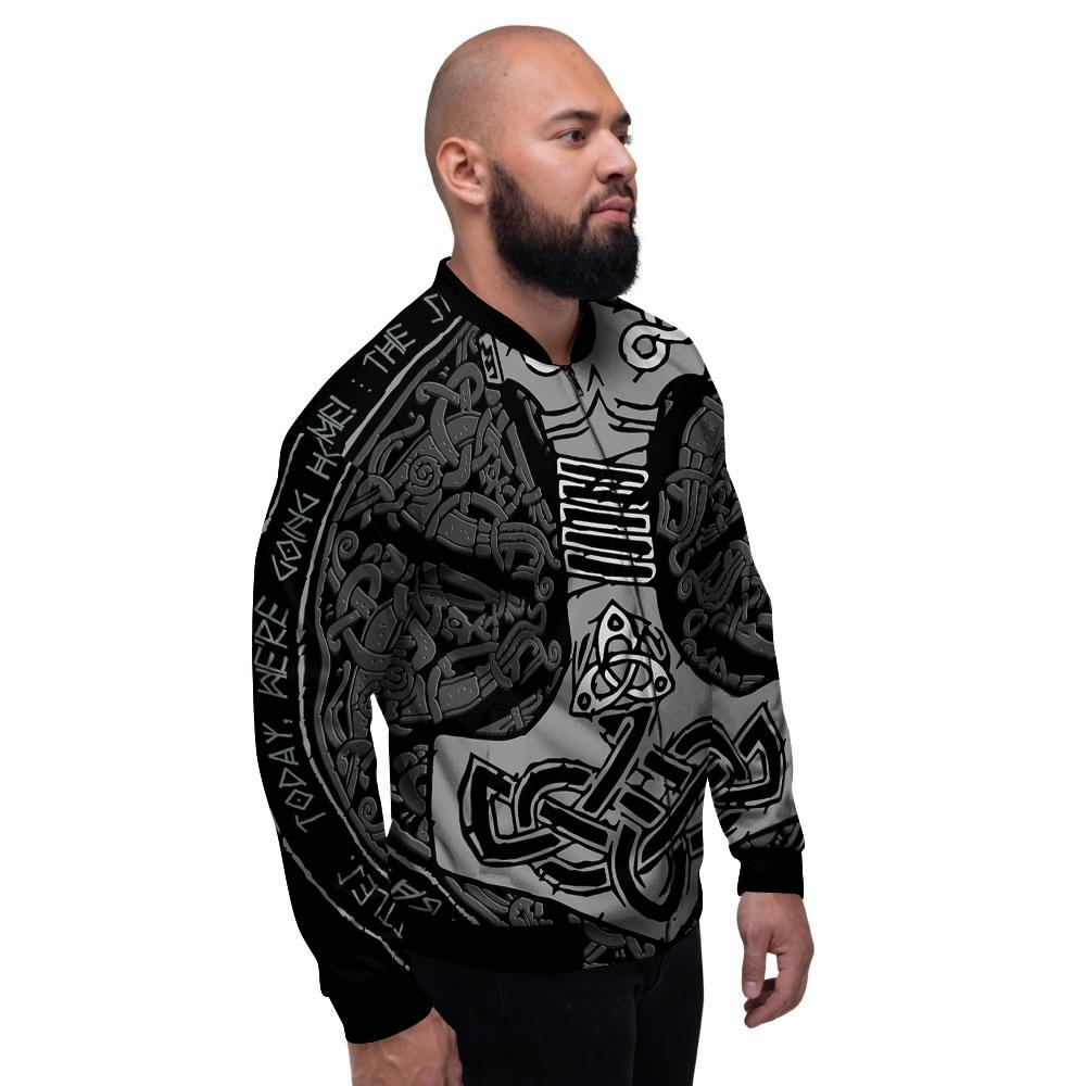 Runes Scandinavian And Mjolnir Print Men's Bomber Jacket-grizzshop