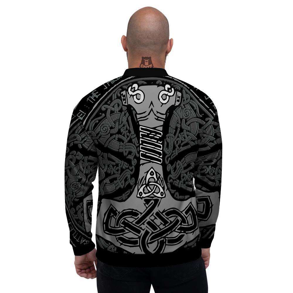 Runes Scandinavian And Mjolnir Print Men's Bomber Jacket-grizzshop