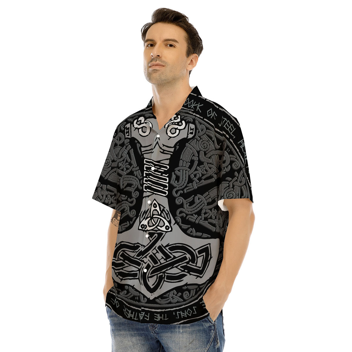 Runes Scandinavian And Mjolnir Print Men's Hawaiian Shirt-grizzshop