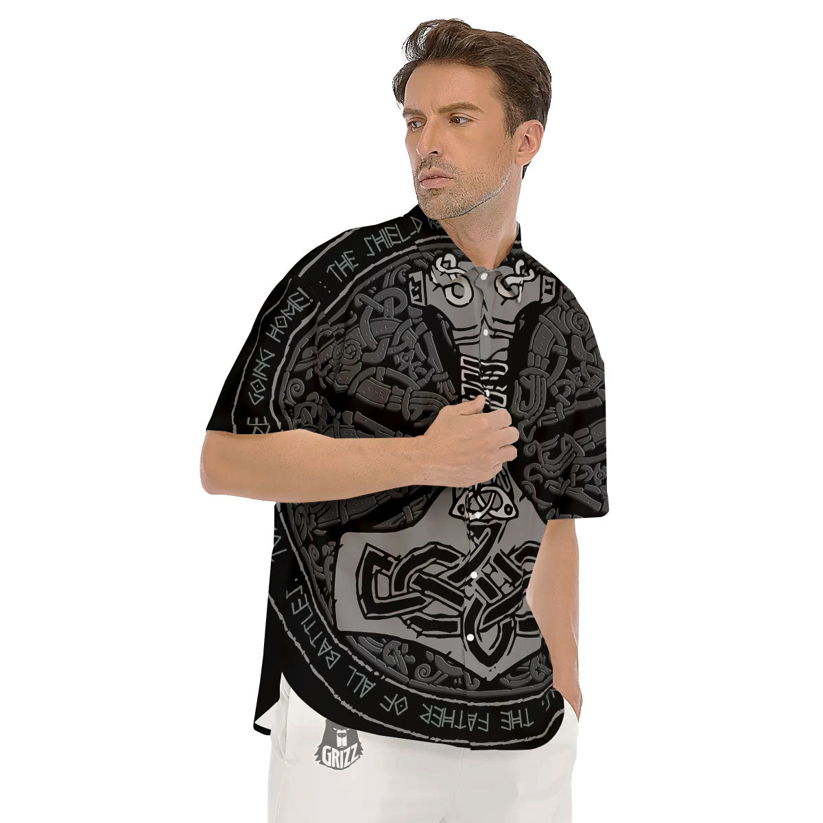 Runes Scandinavian And Mjolnir Print Men's Short Sleeve Shirts-grizzshop