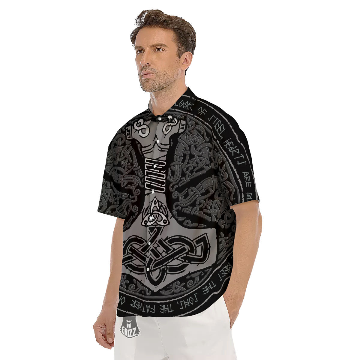 Runes Scandinavian And Mjolnir Print Men's Short Sleeve Shirts-grizzshop