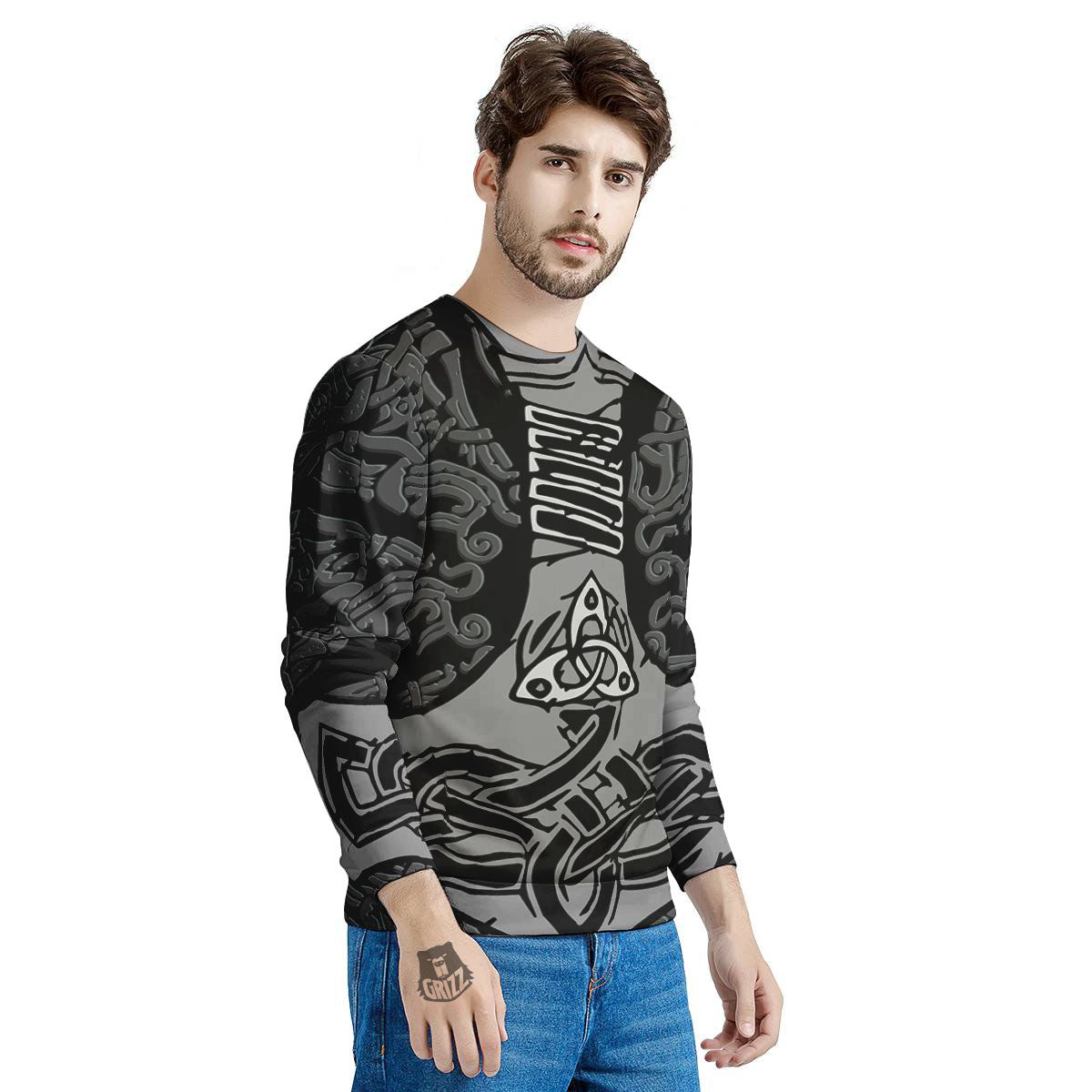 Runes Scandinavian And Mjolnir Print Men's Sweatshirt-grizzshop