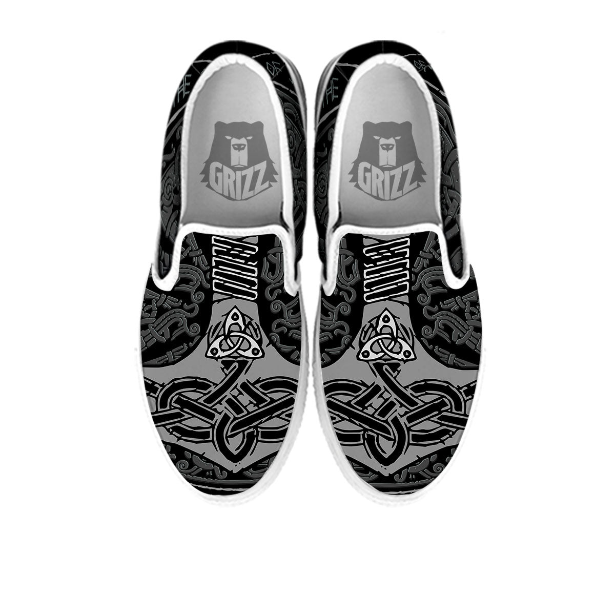 Runes Scandinavian And Mjolnir Print White Slip On Shoes-grizzshop